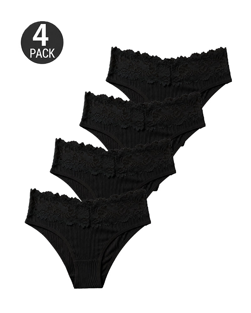 4-Pack Sexy Lace Trim Ribbed Cotton Panties