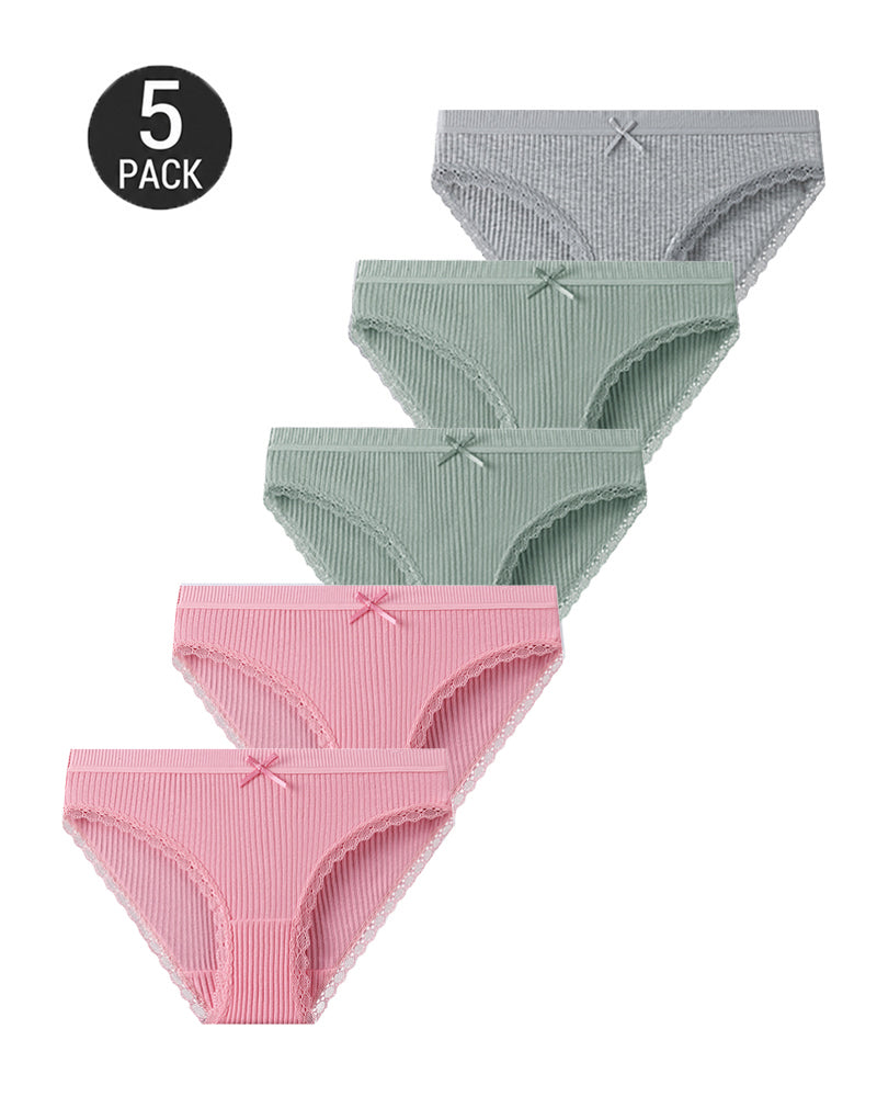 5-Pack Cotton Breathable Stretchy Bow Lace-trimmed Briefs