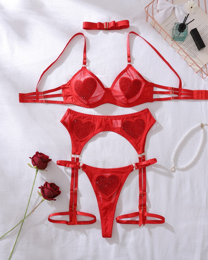 Sexy Sheer Mesh Heart-shaped Rhinestone Embellishments Lingerie Set