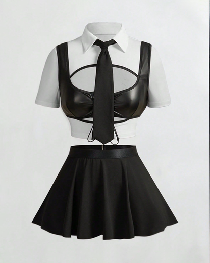 Sexy School-Style Costume Faux Leather Patchwork Lingerie Set