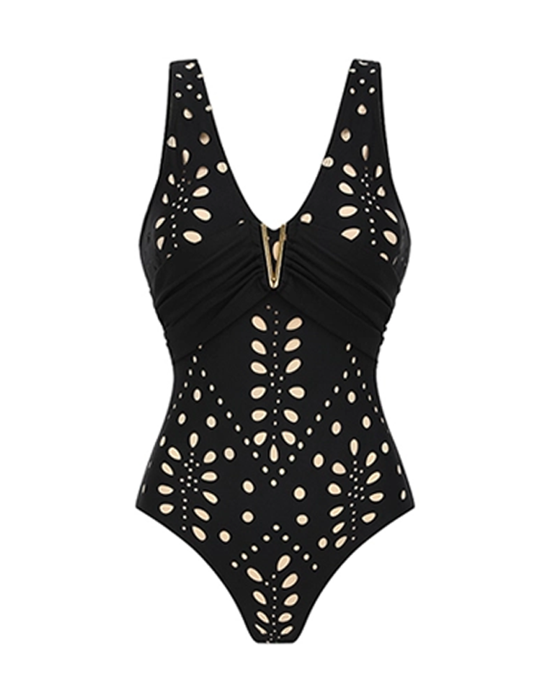 Black One-Shoulder Tummy Control Laser-Cut Floral Swimsuit Set