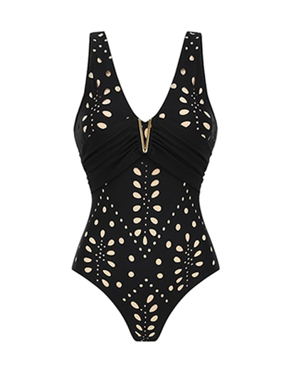 Black One-Shoulder Tummy Control Laser-Cut Floral Swimsuit Set