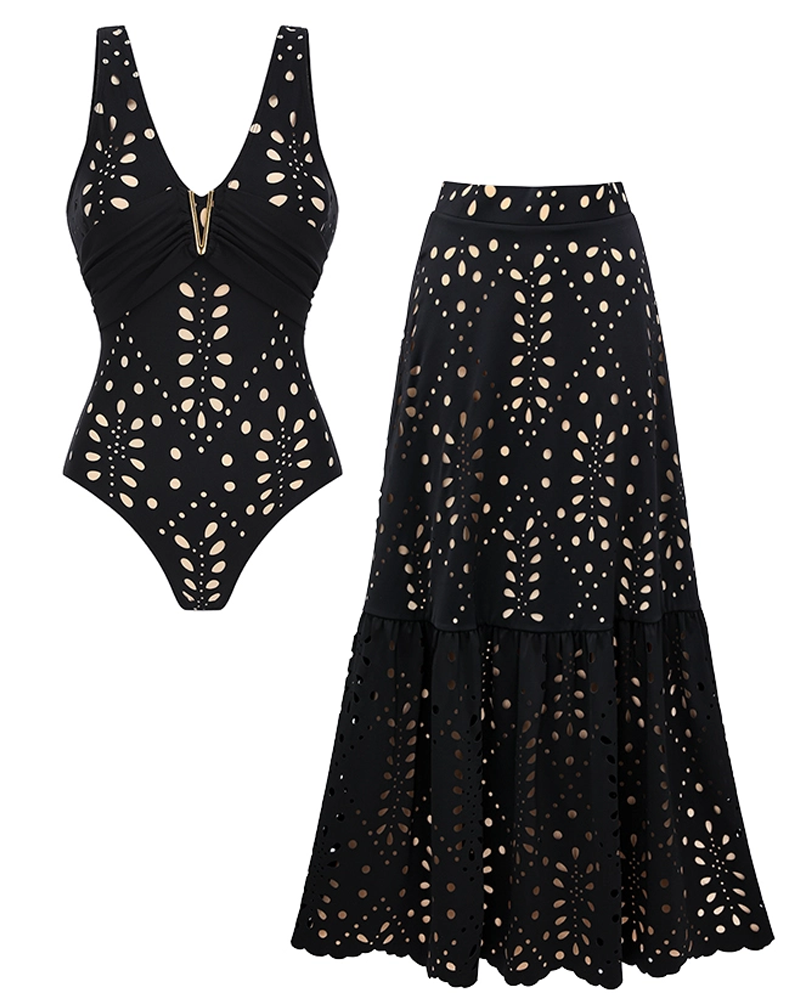 Black One-Shoulder Tummy Control Laser-Cut Floral Swimsuit Set