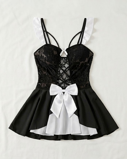 Black and White Lace Mesh Patchwork Side Slit Lingerie Set