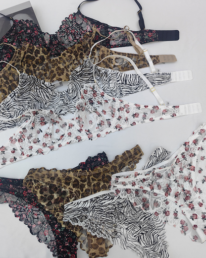 Sexy Deep V Printed Ultra-Thin Sheer Lace Bra Set