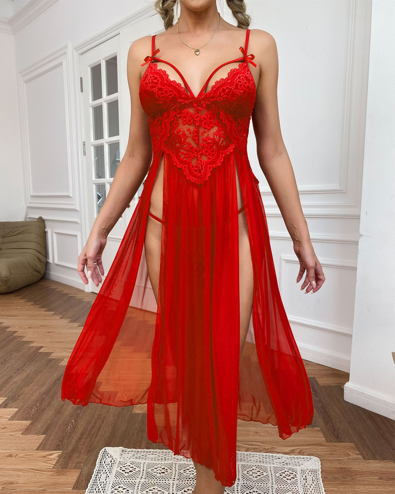 Sexy Sheer Mesh Deep V-Neck Lace Side Slit Slip Dress