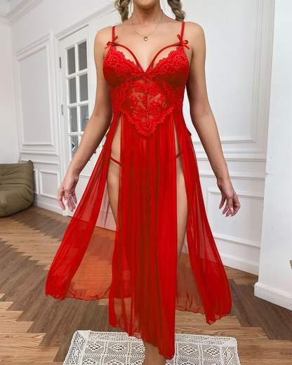 Sexy Sheer Mesh Deep V-Neck Lace Side Slit Slip Dress
