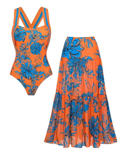 Bandeau Color Block Blossom Print Swimsuit Set