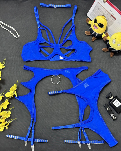 Sexy Metal O-Ring Cutout Sheer Mesh Lingerie Set