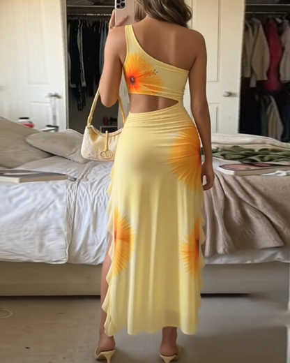 Sexy Floral Print Cutout High Slit Mesh Maxi Dress