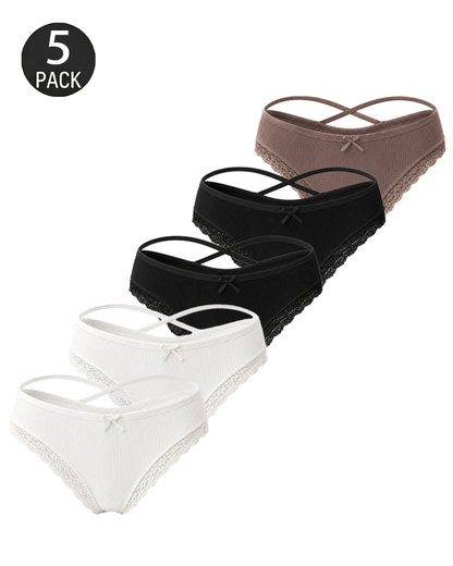 5-Pack Comfortable Cotton Cross-Strap Lace Trim Panties