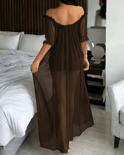 Sexy Sheer Mesh Ruffle Off-the-Shoulder Long Nightgown