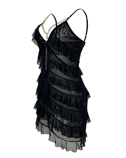 Sexy V-Neck Pearl Metal Chain Mesh Ruffle Nightdress