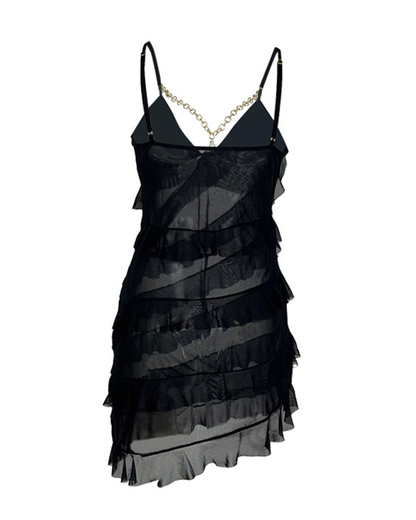 Sexy V-Neck Pearl Metal Chain Mesh Ruffle Nightdress
