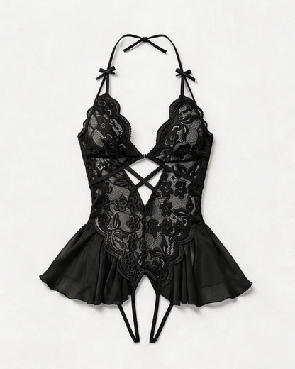 Sheer Lace Halter Cut-Out Crotchless Bodysuit