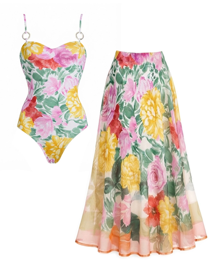 Adjustable Strap Abstract Floral Swimsuit Set