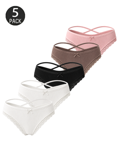5-Pack Comfortable Cotton Cross-Strap Lace Trim Panties