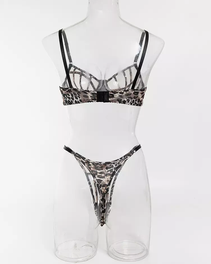 Sexy Leopard Print Cutout Sheer Mesh Lingerie Set
