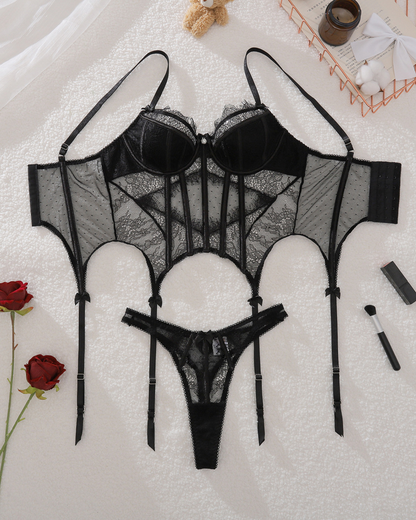 Sheer Eyelash Lace Trim Boned Sexy Lingerie Set