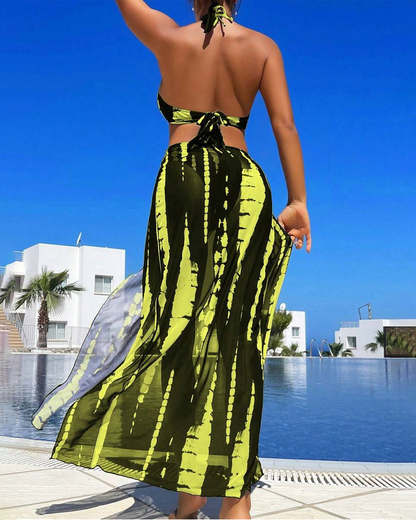Sexy Contrast Print Ring Detail Bikini with Beach Maxi Skirt
