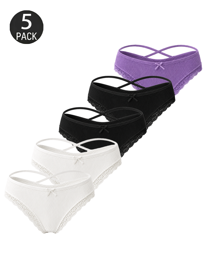 5-Pack Comfortable Cotton Cross-Strap Lace Trim Panties