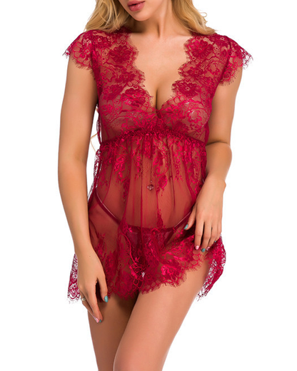 Sexy Sheer Lace Deep V-Neck Cut-Out Babydoll Nightgown
