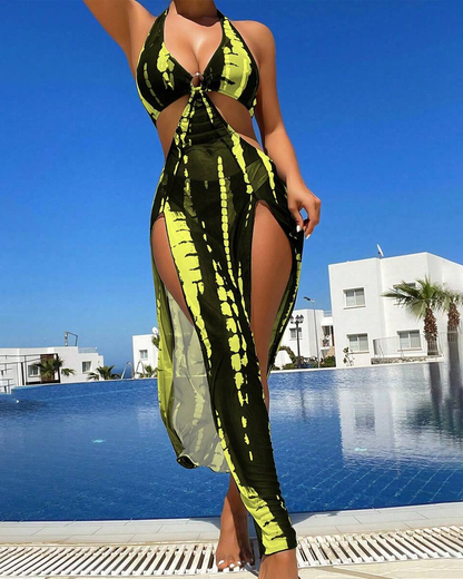 Sexy Contrast Print Ring Detail Bikini with Beach Maxi Skirt