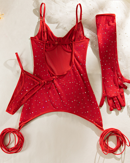 Sexy Rhinestone Embellished Sparkling Mesh Leg Strap Lingerie Set with Gloves