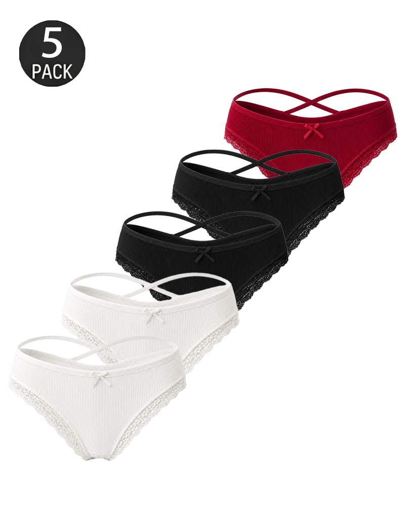 5-Pack Comfortable Cotton Cross-Strap Lace Trim Panties