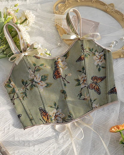 French Style Bow Lace-Up Floral Sexy Body Shaper Women's Sling Printed Slim-Fit Vest Corset