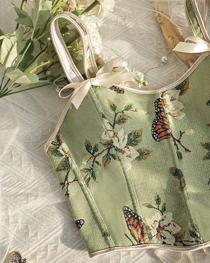 French Style Bow Lace-Up Floral Sexy Body Shaper Women's Sling Printed Slim-Fit Vest Corset