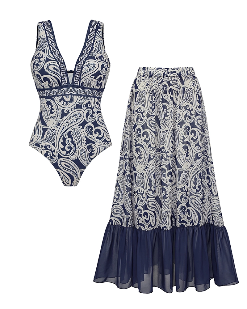 Sexy Blue Paisley Print Swimsuit Set