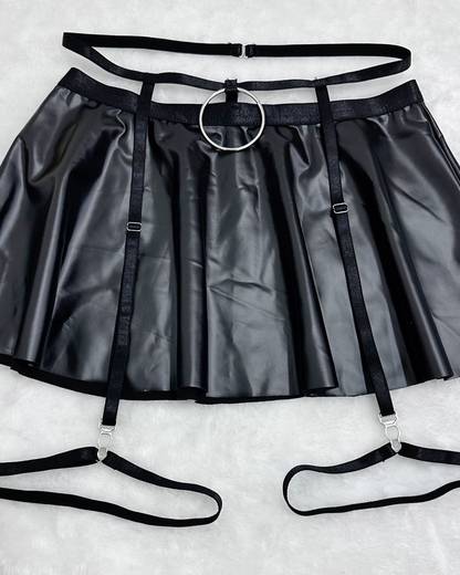 Sexy Cutout Faux Leather Mini Skirt Lingerie Set