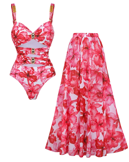 Cutout Flower Print One Piece Swimsuit and Skirt Flaxmaker