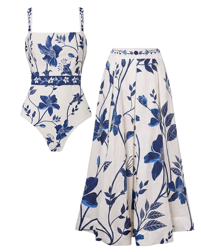 Adjustable Straps Blue & White Floral Print Swimsuit Set