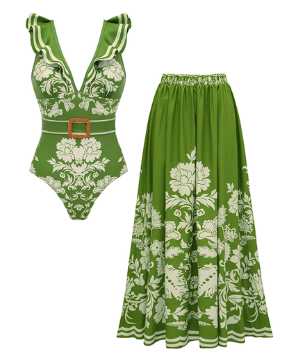 V Neck Ruffle Green Retro Printed Swimsuit Set