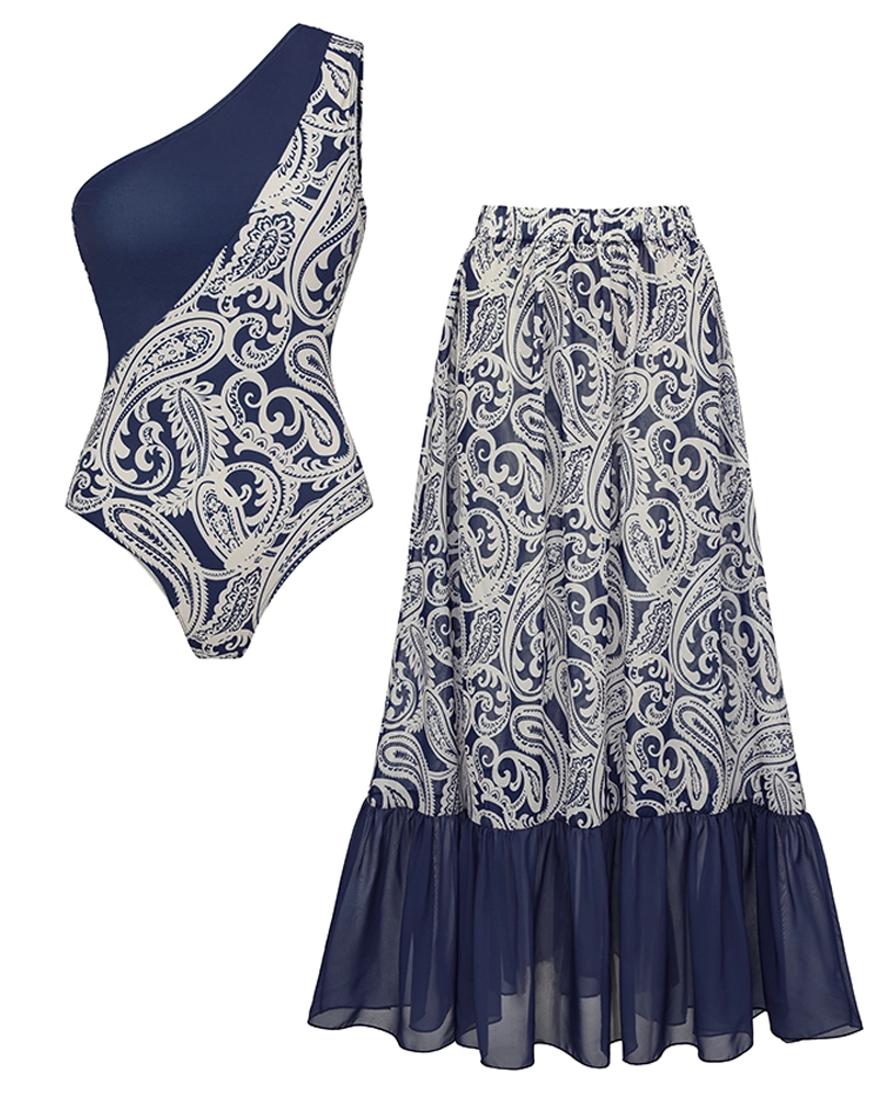 Sexy Blue Paisley Print Swimsuit Set