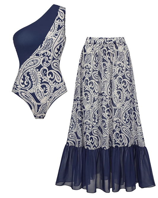 Sexy Blue Paisley Print Swimsuit Set