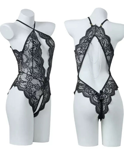 Sexy Lace Open Crotch Tights Pearl Backless Pajamas