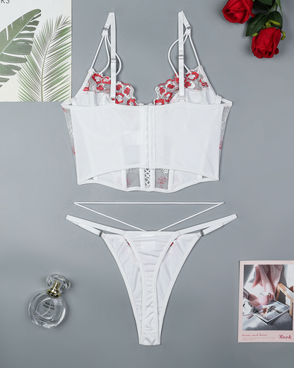 Luxury Floral Embroidered Crisscross Strap Lingerie Set