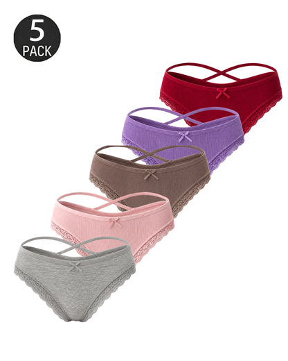 5-Pack Comfortable Cotton Cross-Strap Lace Trim Panties