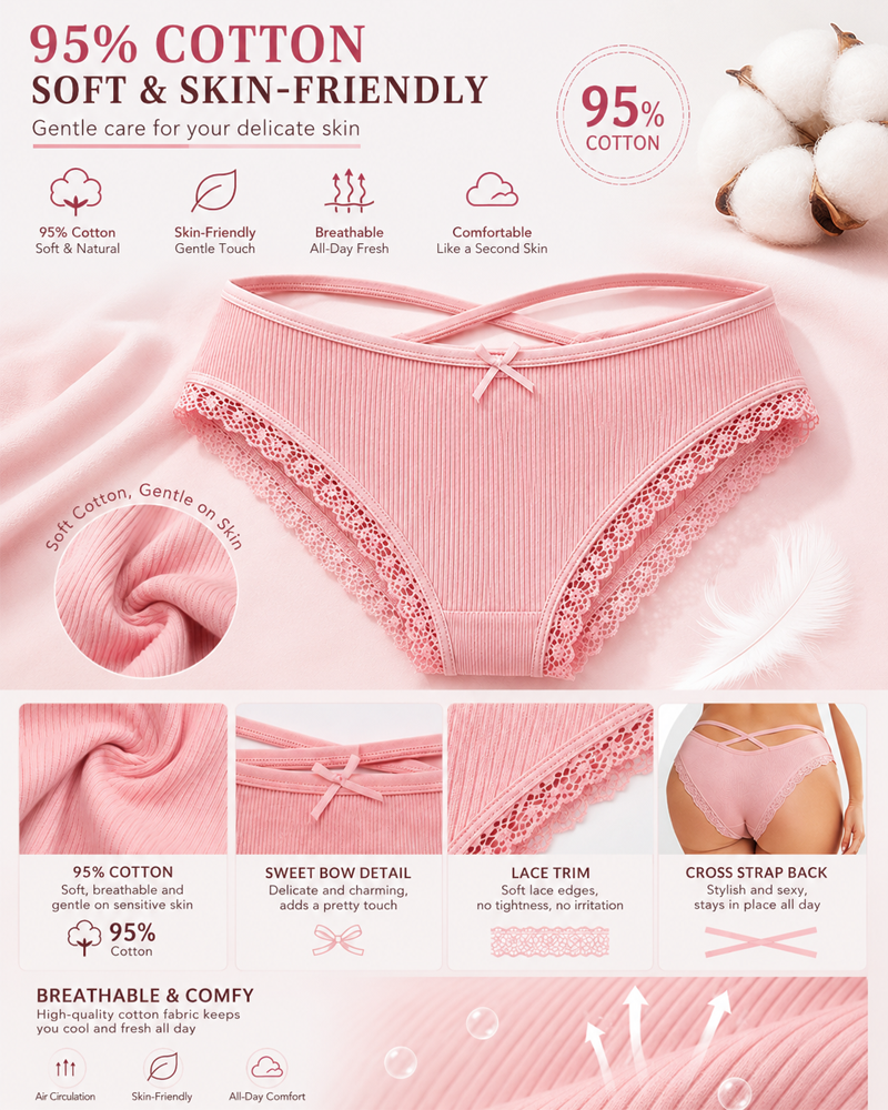 5-Pack Comfortable Cotton Cross-Strap Lace Trim Panties
