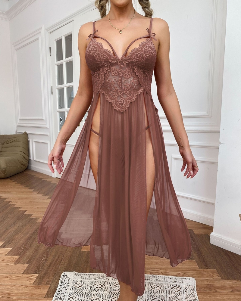 Sexy Sheer Mesh Deep V-Neck Lace Side Slit Slip Dress