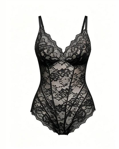 V Neck Lace Seamless Back Drawstring Bodysuit