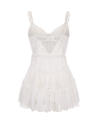 Underwire Push-Up Mesh Lace Spliced Fitted Nightgown