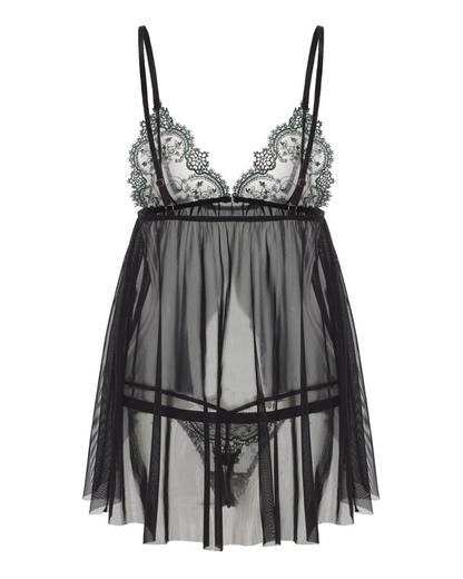 Embroidered Lace Open-Bust Hook Closure Sheer Babydoll Set