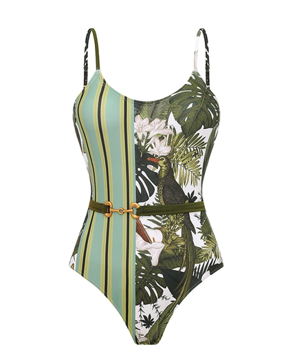 Adjustable shoulder straps Green Print Swimsuit Set
