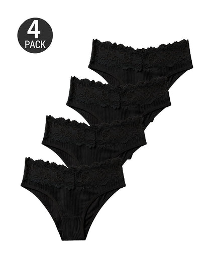 4-Pack Sexy Lace Trim Ribbed Cotton Panties