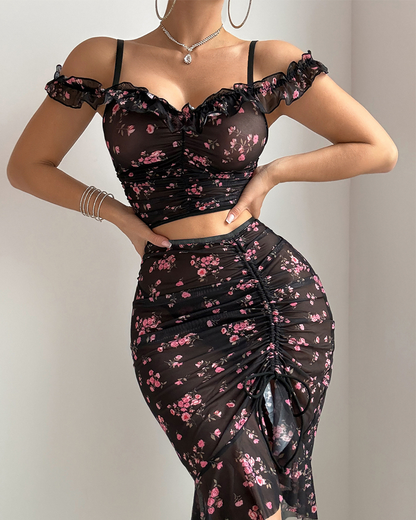 Sexy Floral Print Bodycon Sheer Maxi Skirt Set