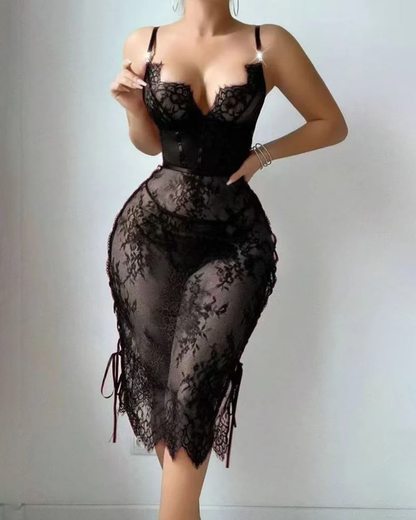 Sexy Lace Cutout Lace-Up Bodycon Babydoll Lingerie
